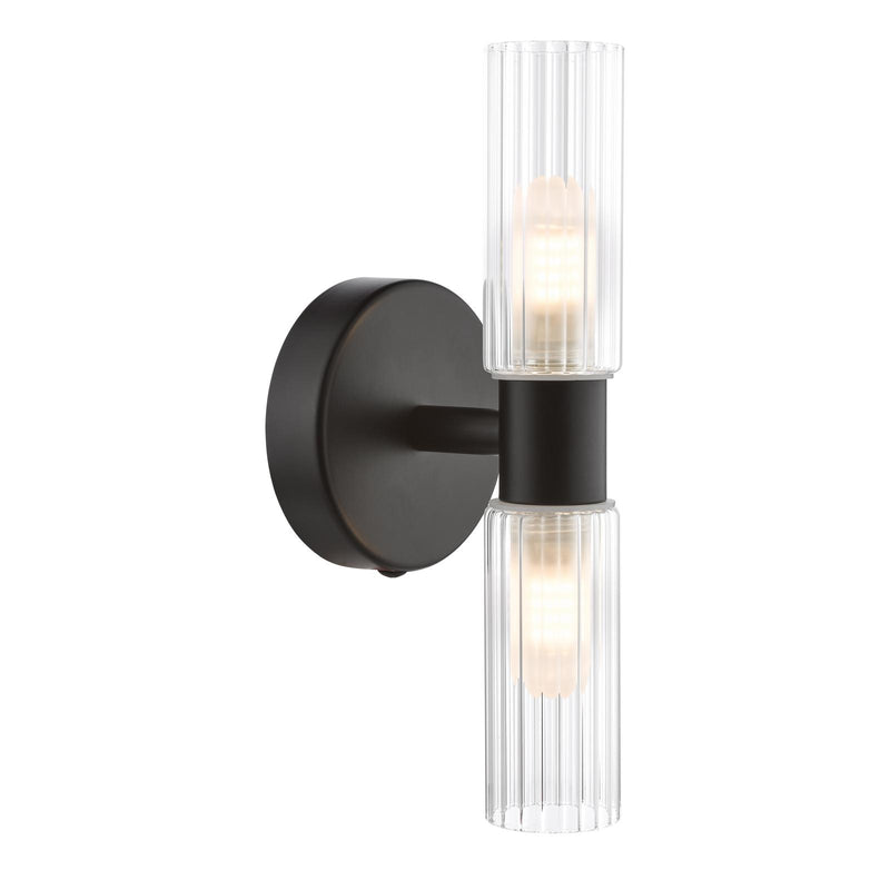 Dar Lighting Bolton 2 Light Bathroom Wall Light Matt Black and Ribbed Glass IP44 • BOL0922