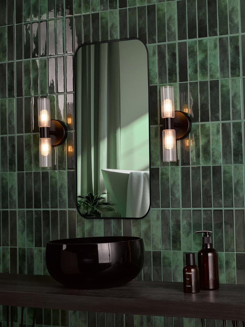 Dar Lighting Bolton 2 Light Bathroom Wall Light Matt Black and Ribbed Glass IP44 • BOL0922