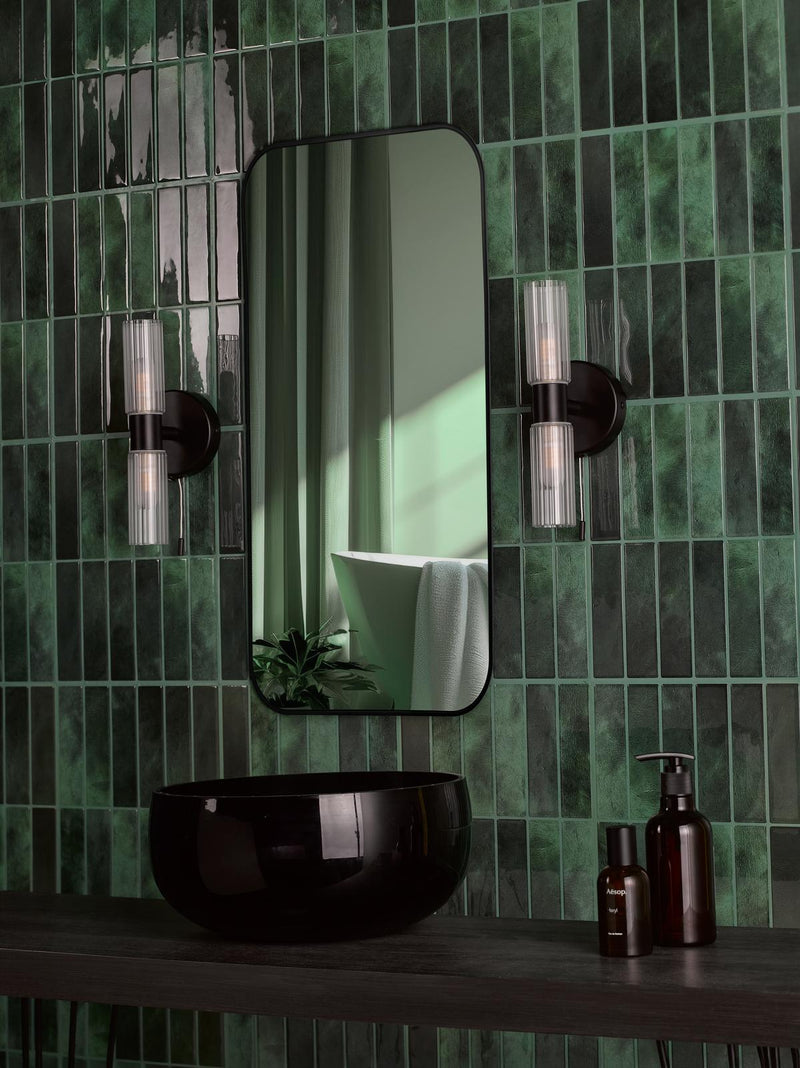 Dar Lighting Bolton 2 Light Bathroom Wall Light Matt Black and Ribbed Glass IP44 • BOL0922