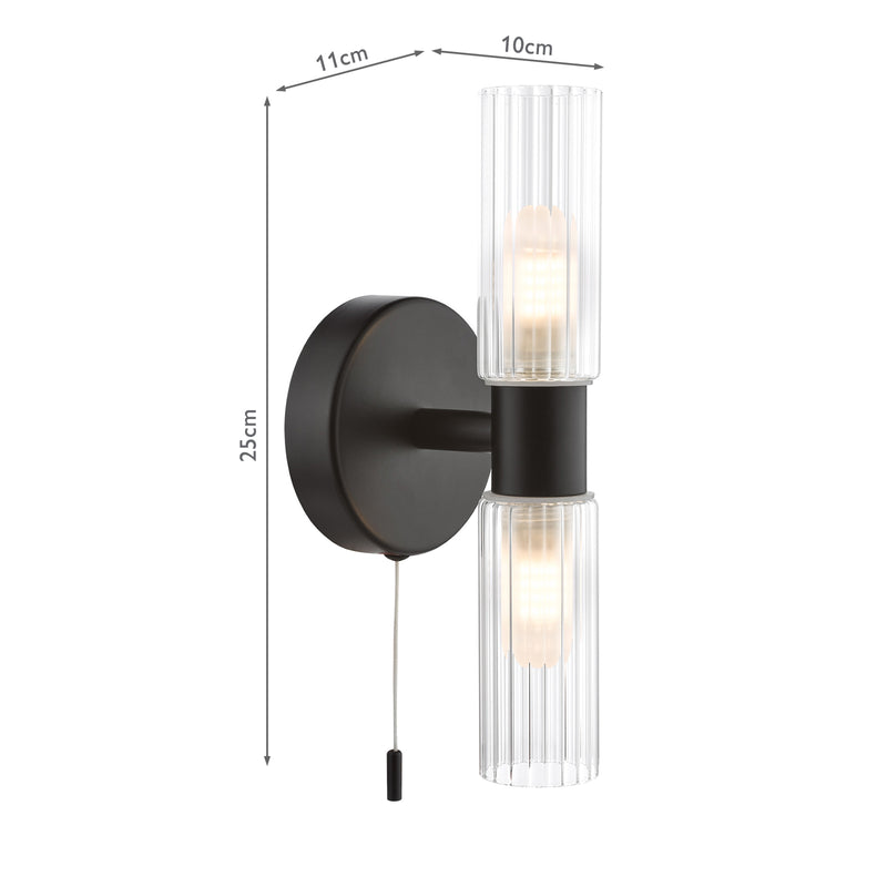 Dar Lighting Bolton 2 Light Bathroom Wall Light Matt Black and Ribbed Glass IP44 • BOL0922