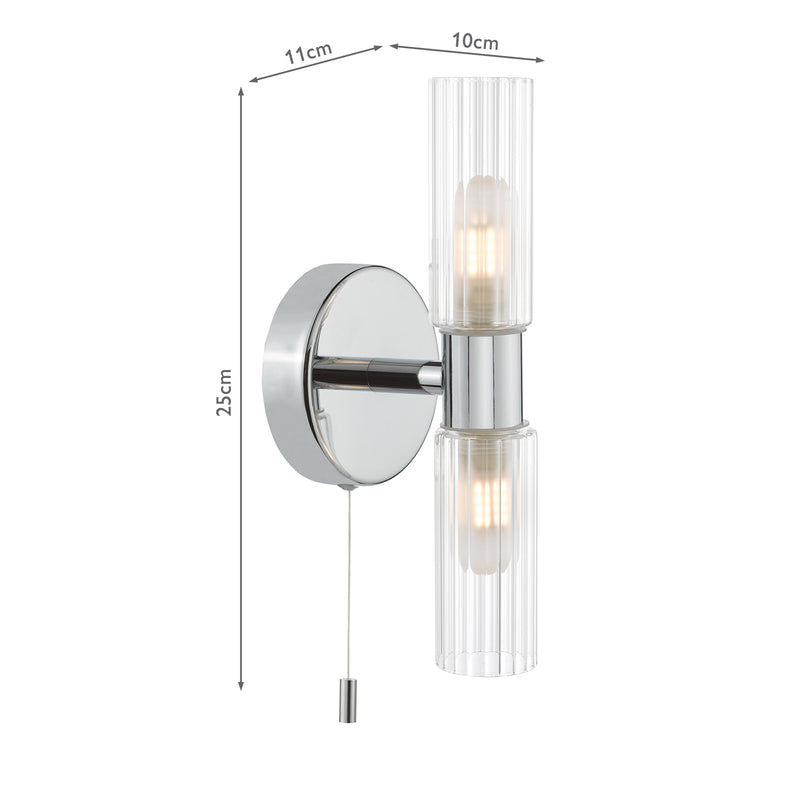 Dar Lighting Bolton 2 Light Bathroom Wall Light Polished Chrome and Ribbed Glass IP44 • BOL0950