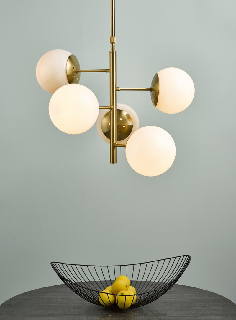 Dar Lighting Bombazine 5 Light Pendant Natural Brass & Opal Glass • BOM0535