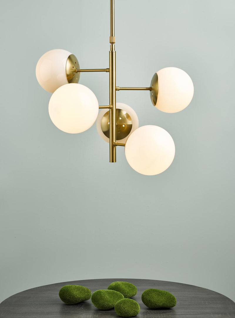 Dar Lighting Bombazine 5 Light Pendant Natural Brass & Opal Glass • BOM0535