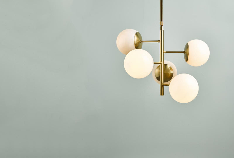 Dar Lighting Bombazine 5 Light Pendant Natural Brass & Opal Glass • BOM0535
