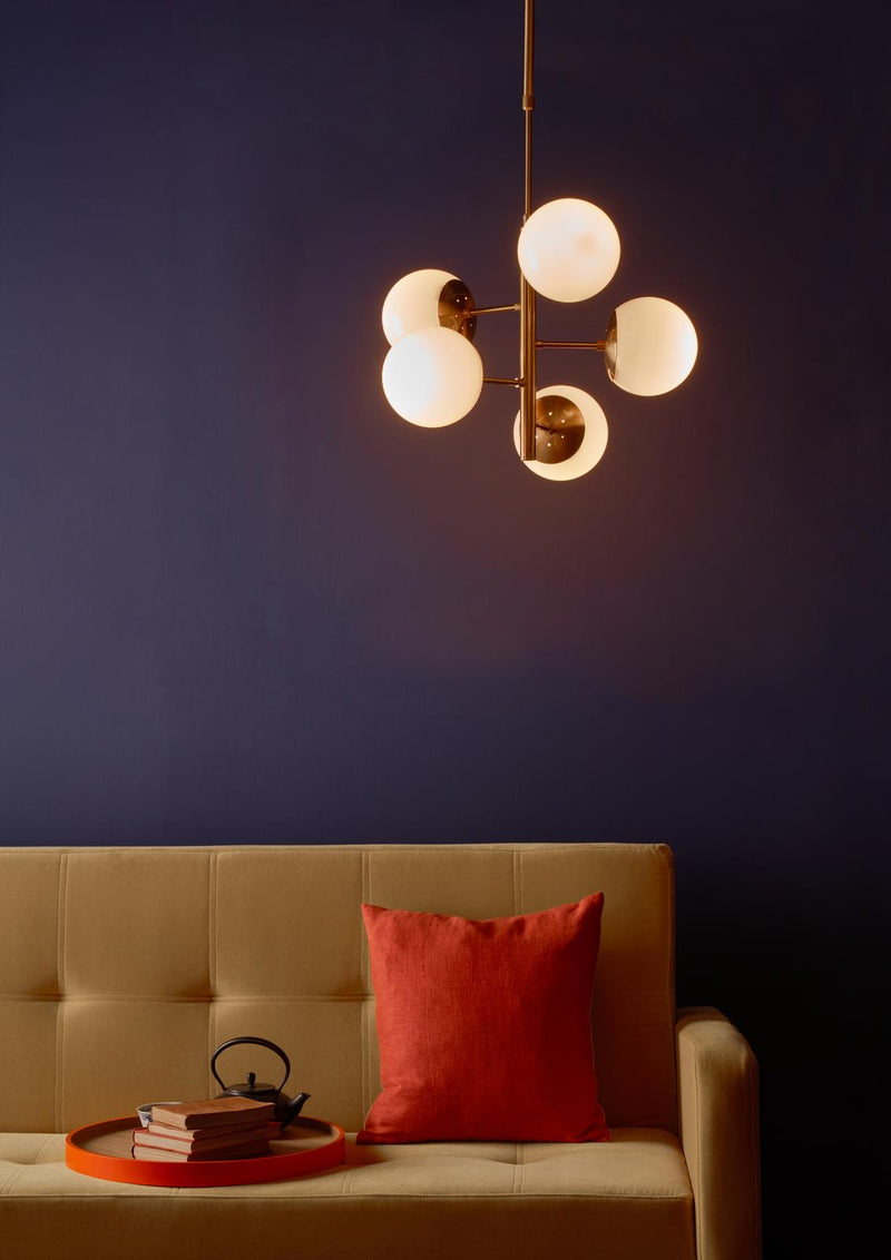 Dar Lighting Bombazine 5 Light Pendant Natural Brass & Opal Glass • BOM0535