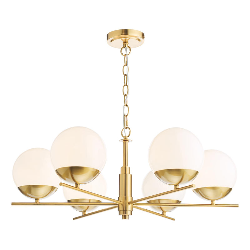 Dar Lighting Bombazine 6 Light Pendant Natural Brass and Opal Glass • BOM0635