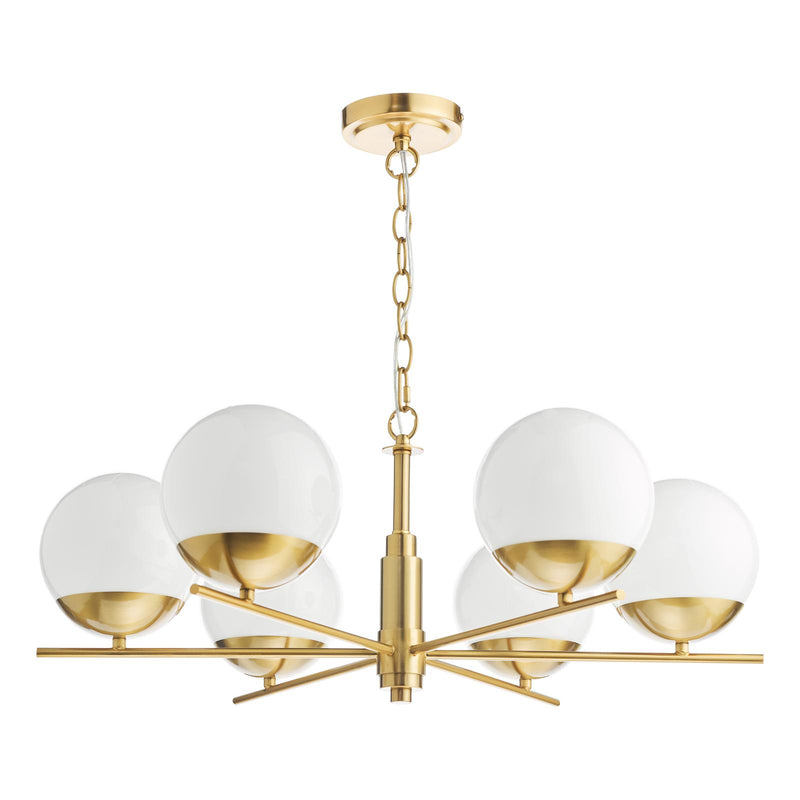 Dar Lighting Bombazine 6 Light Pendant Natural Brass and Opal Glass • BOM0635