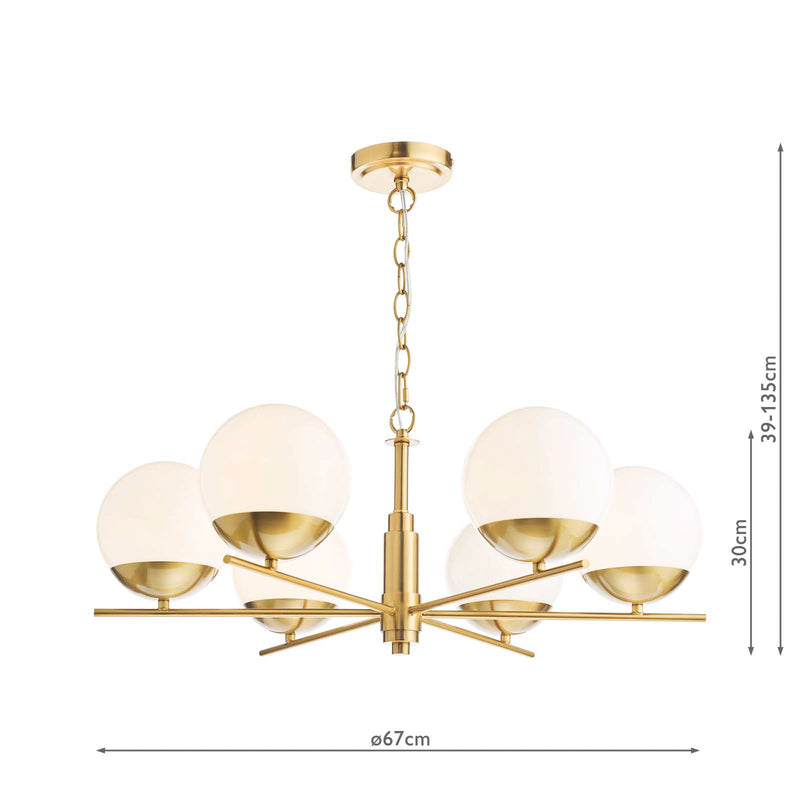 Dar Lighting Bombazine 6 Light Pendant Natural Brass and Opal Glass • BOM0635