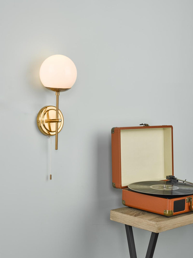 Dar Lighting Bombazine Wall Light Natural Brass Opal Glass • BOM0735