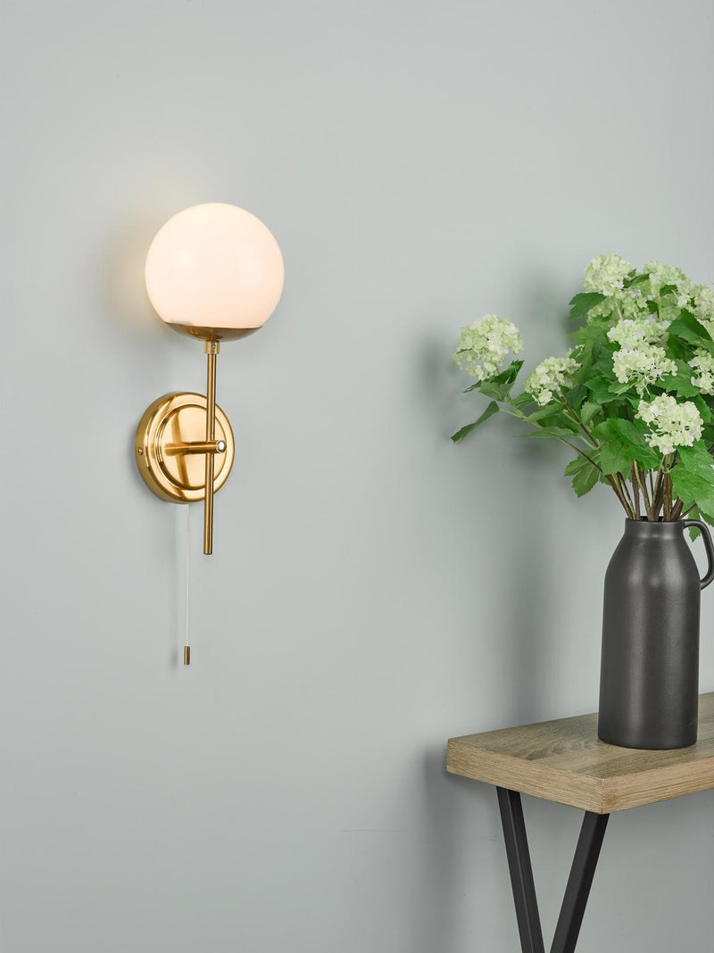 Dar Lighting Bombazine Wall Light Natural Brass Opal Glass • BOM0735