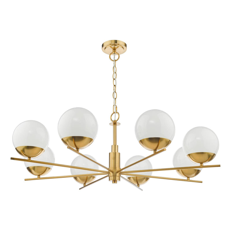 Dar Lighting Bombazine 8 Light Pendant Natural Brass Opal Glass • BOM0835