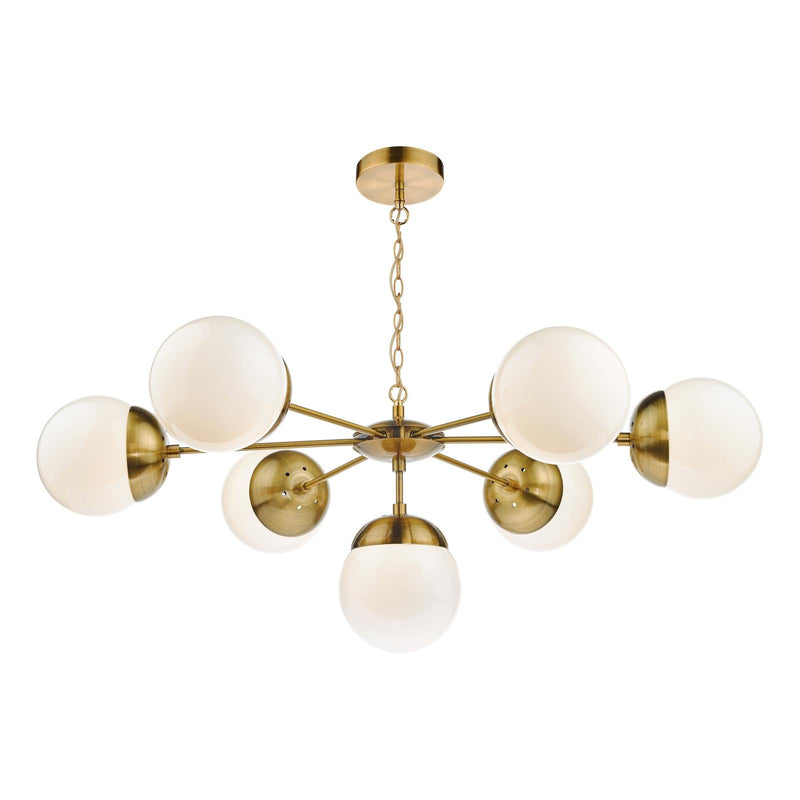 Dar Lighting Bombazine 7 Light Pendant Natural Brass & White Opal Glass • BOM3435