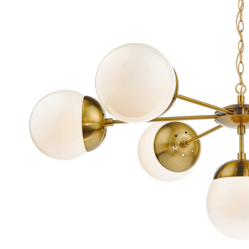 Dar Lighting Bombazine 7 Light Pendant Natural Brass & White Opal Glass • BOM3435