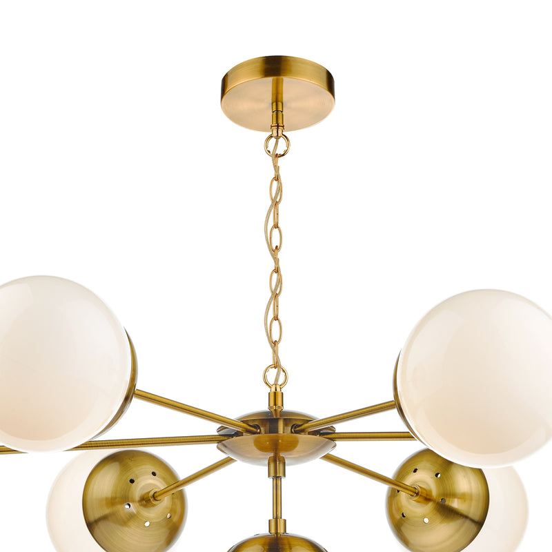 Dar Lighting Bombazine 7 Light Pendant Natural Brass & White Opal Glass • BOM3435