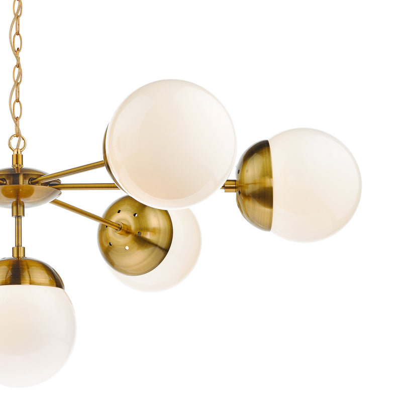 Dar Lighting Bombazine 7 Light Pendant Natural Brass & White Opal Glass • BOM3435
