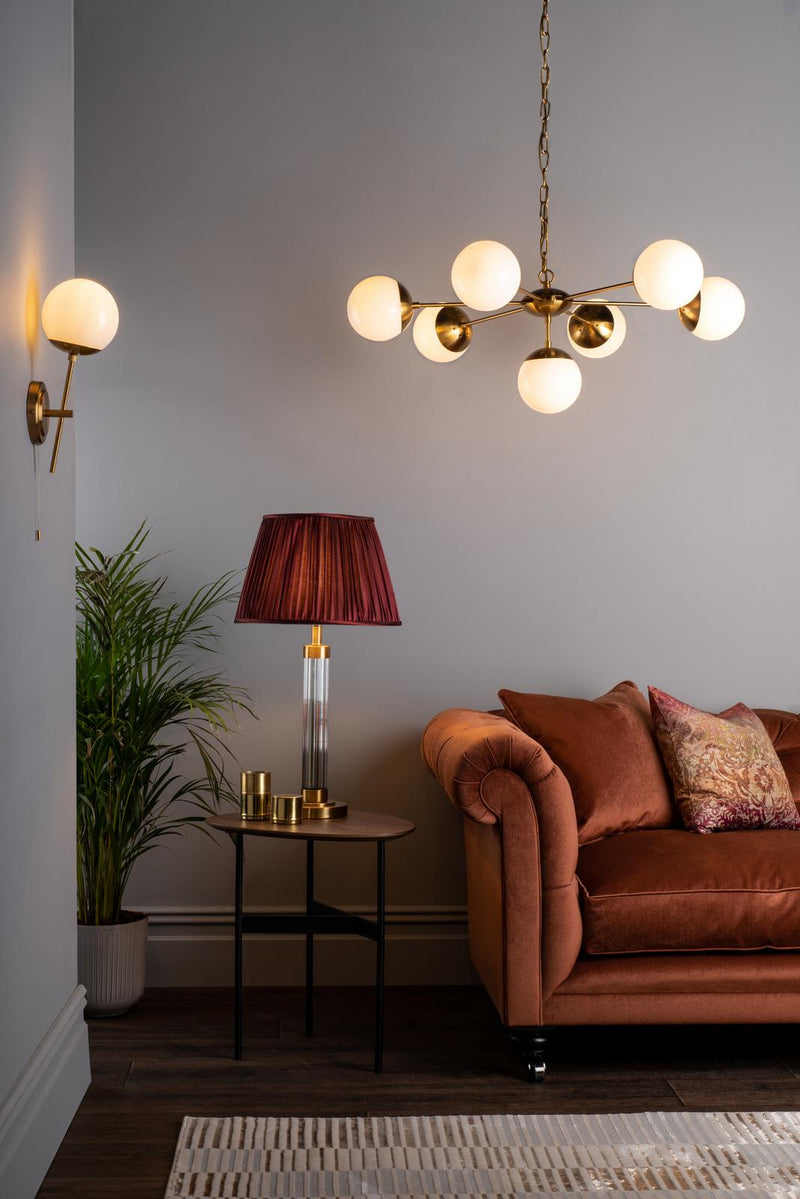 Dar Lighting Bombazine 7 Light Pendant Natural Brass & White Opal Glass • BOM3435