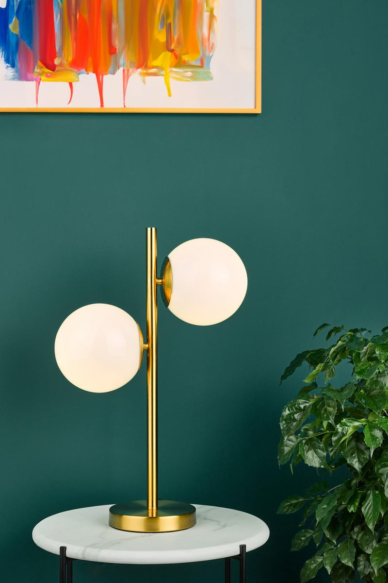 Dar Lighting Bombazine 2 Light Table Lamp Natural Brass Opal Glass • BOM4235