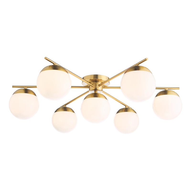 Dar Lighting Bombazine 7 Light Semi-Flush Natural Brass and Opal Glass • BOM5035