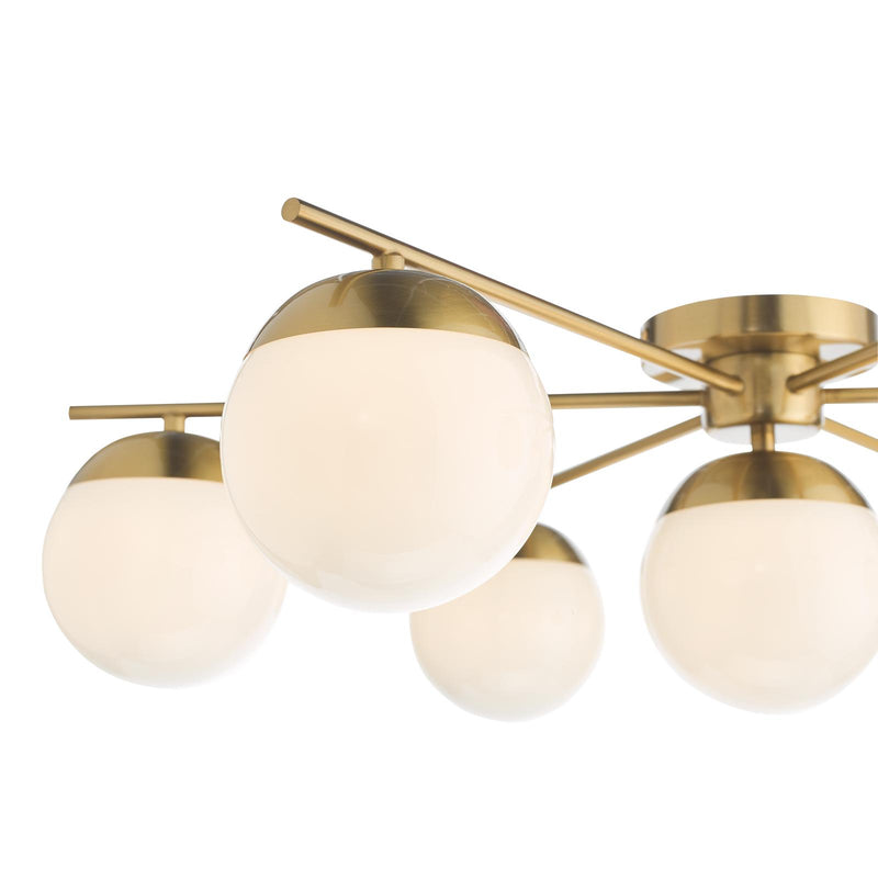 Dar Lighting Bombazine 7 Light Semi-Flush Natural Brass and Opal Glass • BOM5035
