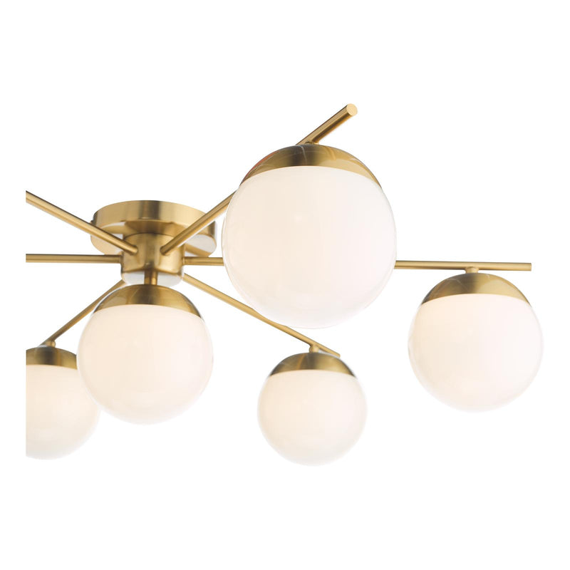 Dar Lighting Bombazine 7 Light Semi-Flush Natural Brass and Opal Glass • BOM5035