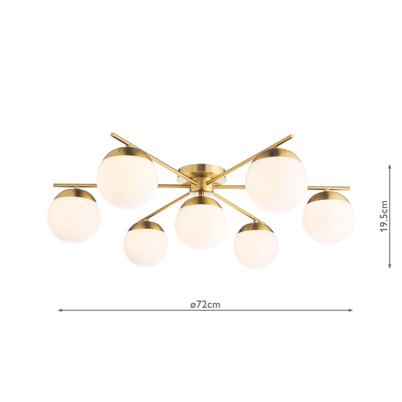 Dar Lighting Bombazine 7 Light Semi-Flush Natural Brass and Opal Glass • BOM5035