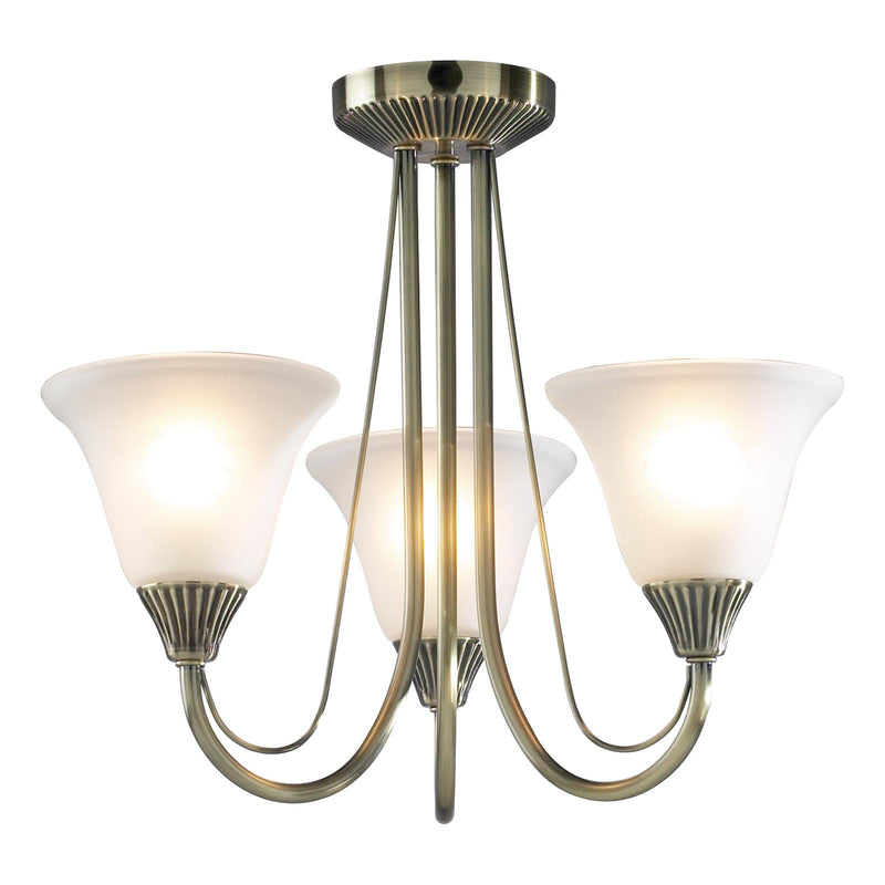 Dar Lighting Boston 3 Light Semi-Flush Antique Brass and Opal Glass • BOS03