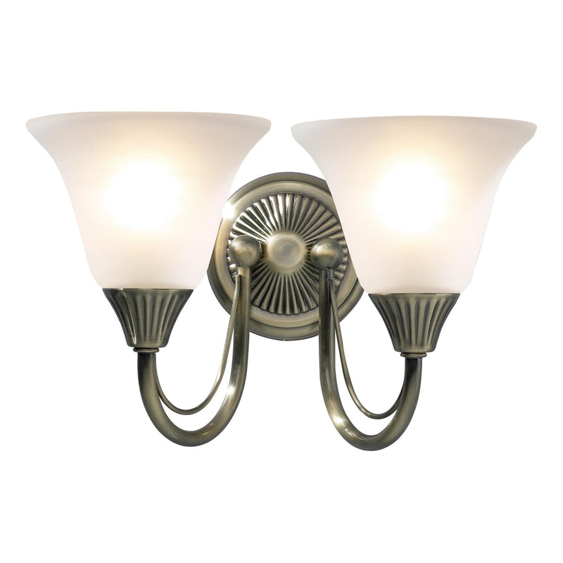 Dar Lighting Boston 2 Light Wall Light Antique Brass and Opal Glass • BOS09