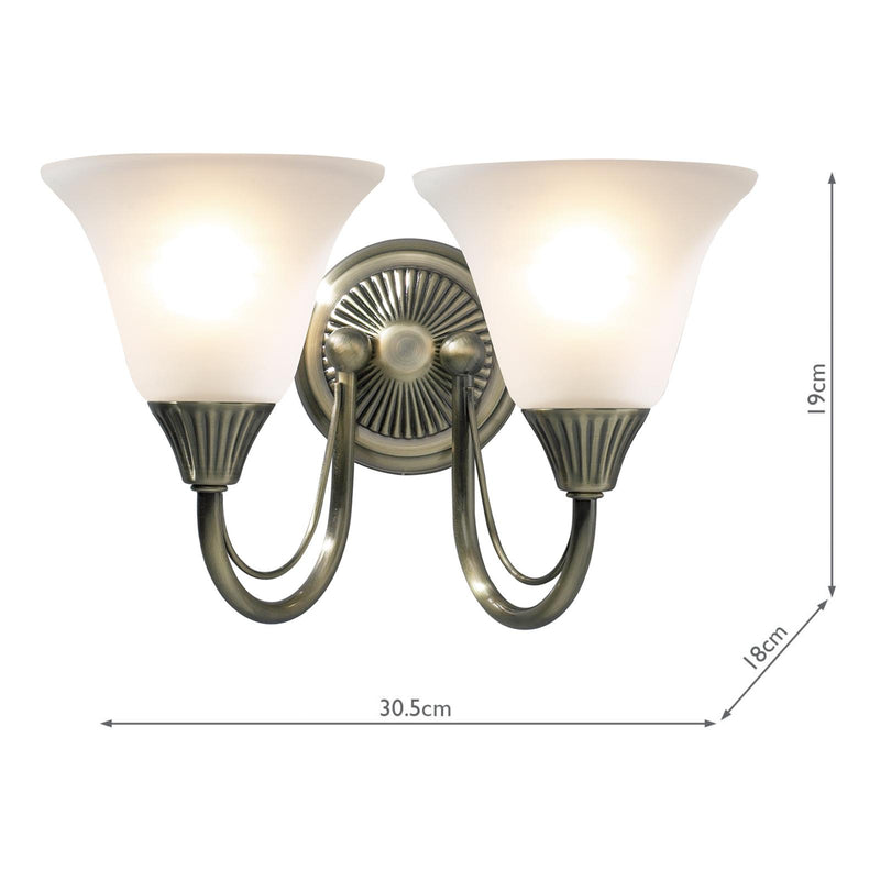 Dar Lighting Boston 2 Light Wall Light Antique Brass and Opal Glass • BOS09