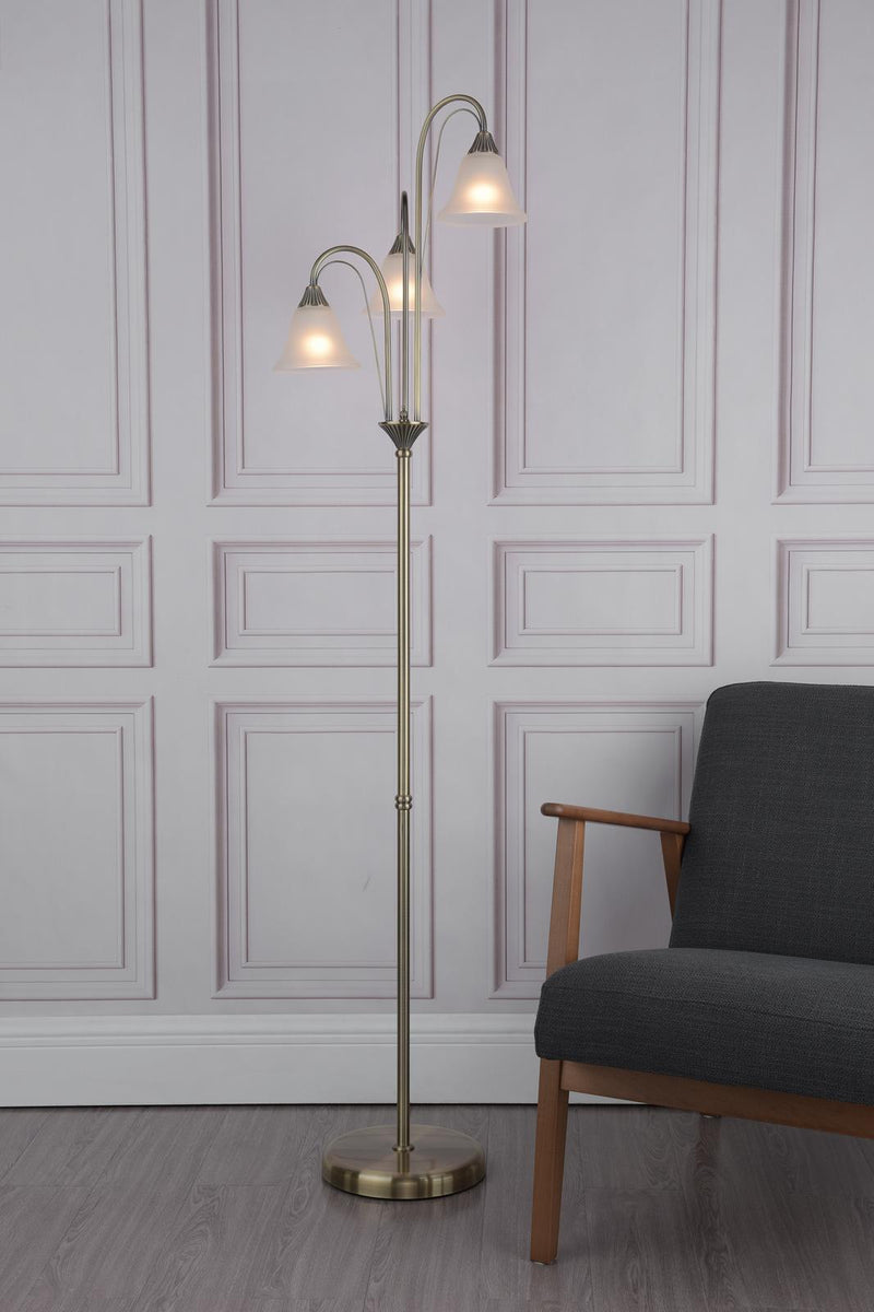 Dar Lighting Boston 3 Light Floor Lamp Antique Brass and Opal Glass • BOS49