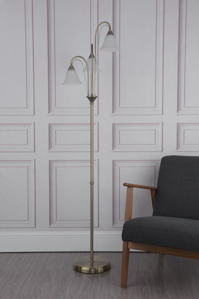 Dar Lighting Boston 3 Light Floor Lamp Antique Brass and Opal Glass • BOS49