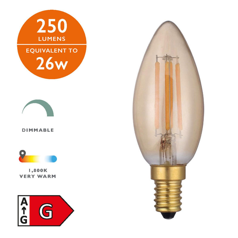 Dar Lighting BUL-E14-LEDV-1 Vintage Candle LED 4w 250 Lumens Dimmable Gold (Pack Of 5)