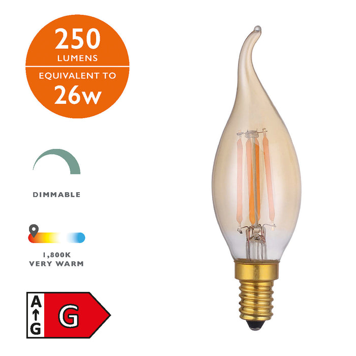 Dar Lighting BUL-E14-LEDV-2 Vintage Candle LED 4w 250 Lumens Dimmable Gold (Pack Of 5)