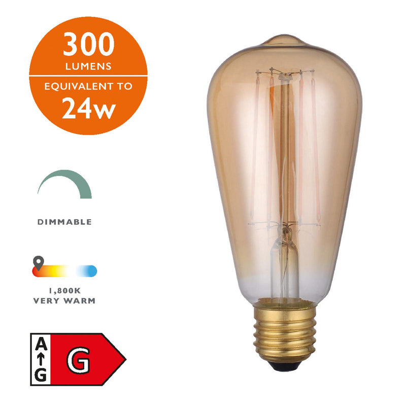 Dar Lighting BUL-E27-LEDV-1 Rustic Vintage LED 3w 300 Lumens Dimmable Gold (Pack Of 5)