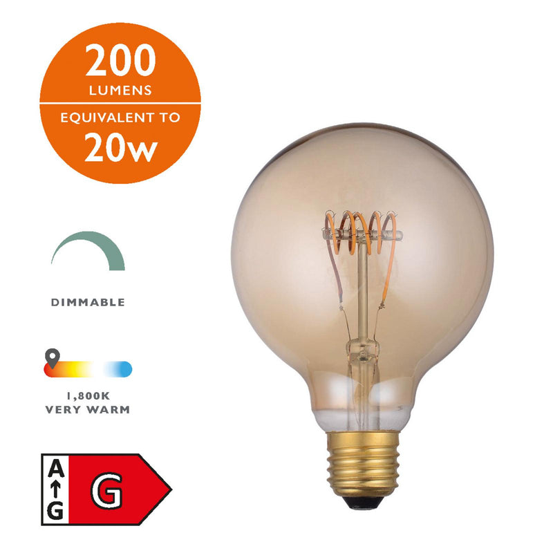 Dar Lighting BUL-E27-LED-3 Medium Vintage Globe LED 4w 140 Lumens Dimmable Gold (Pack Of 5)