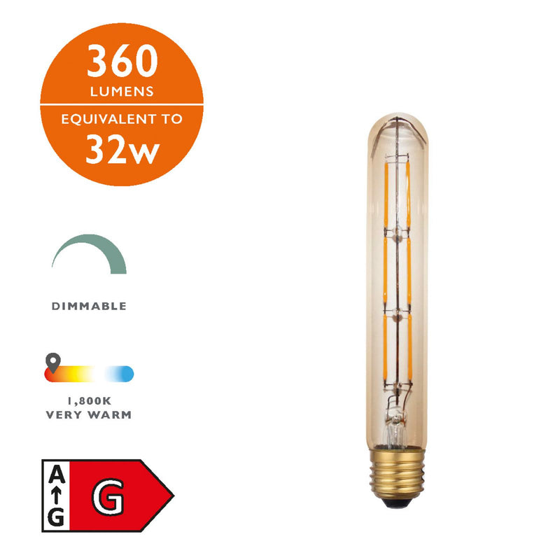 Dar Lighting BUL-E27-LEDV-6 Medium Vintage Tube LED 6w 380 Lumens Dimmable Gold (Pack Of 5)