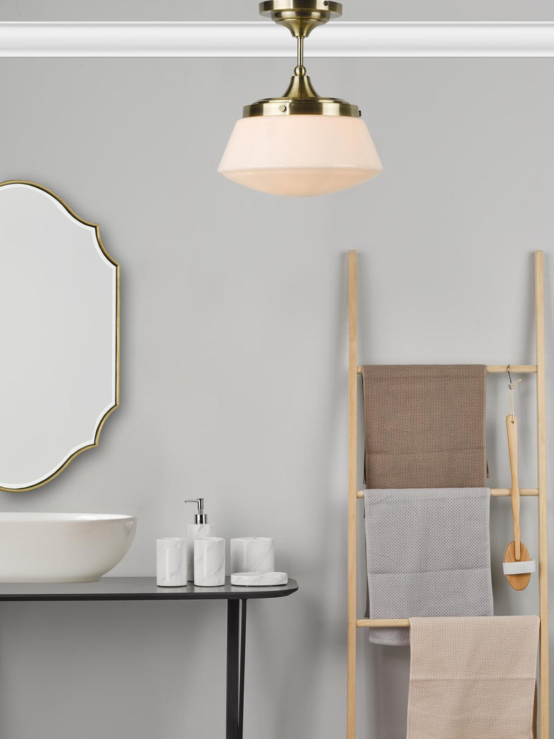 Dar Lighting Caden Bathroom Semi Flush Antique Brass Opal Glass IP44 • CAD0175