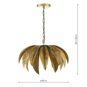 Gold leaf pendant light with dimensions on a white background