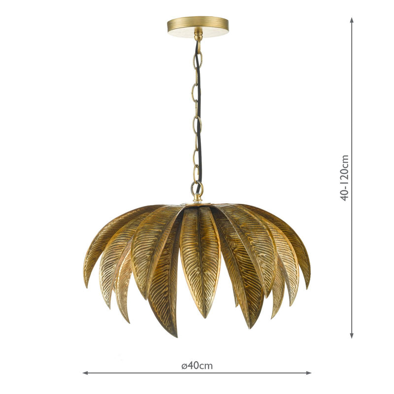 Gold leaf pendant light with dimensions on a white background