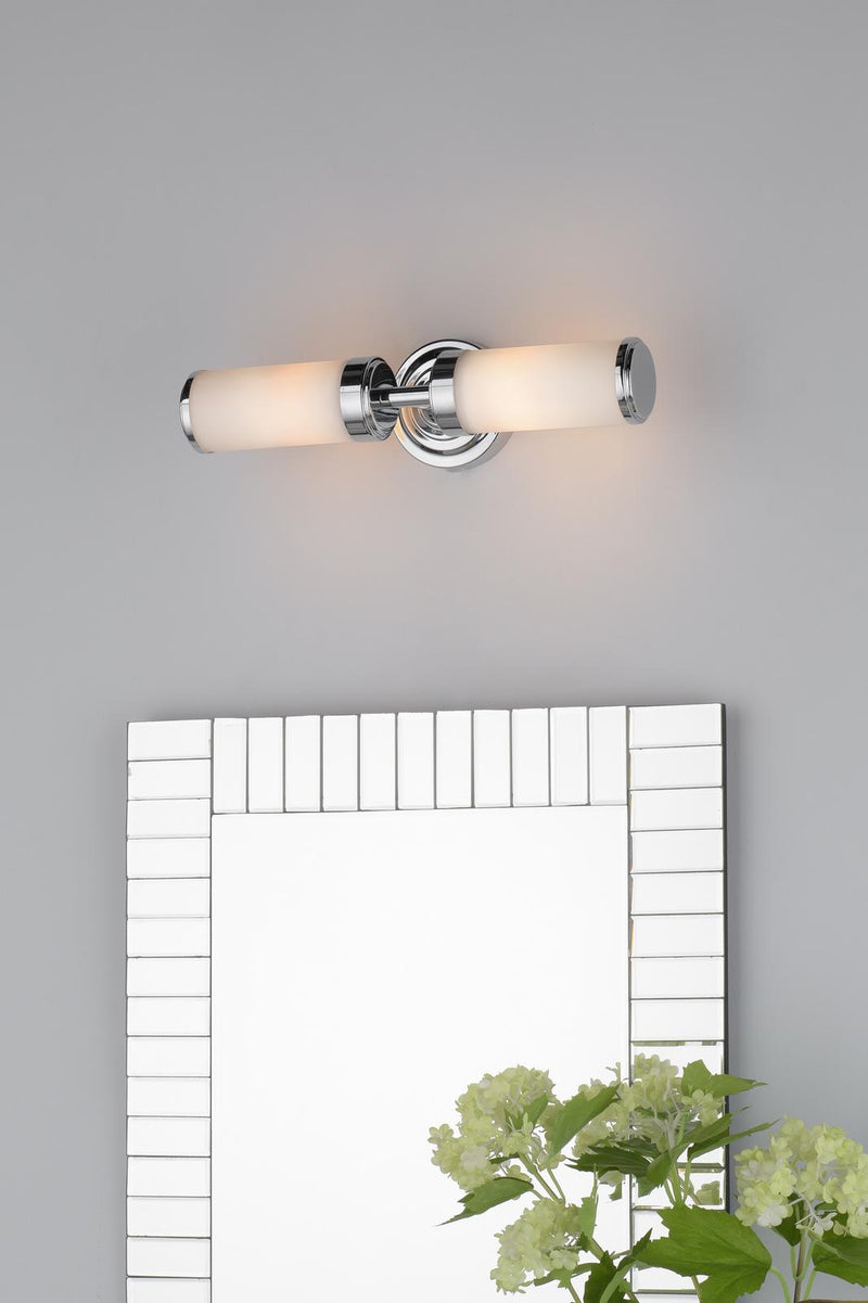 Dar Lighting Century Bathroom 2 Light Wall Light Polished Chrome Opal Glass IP44 • CEN0950