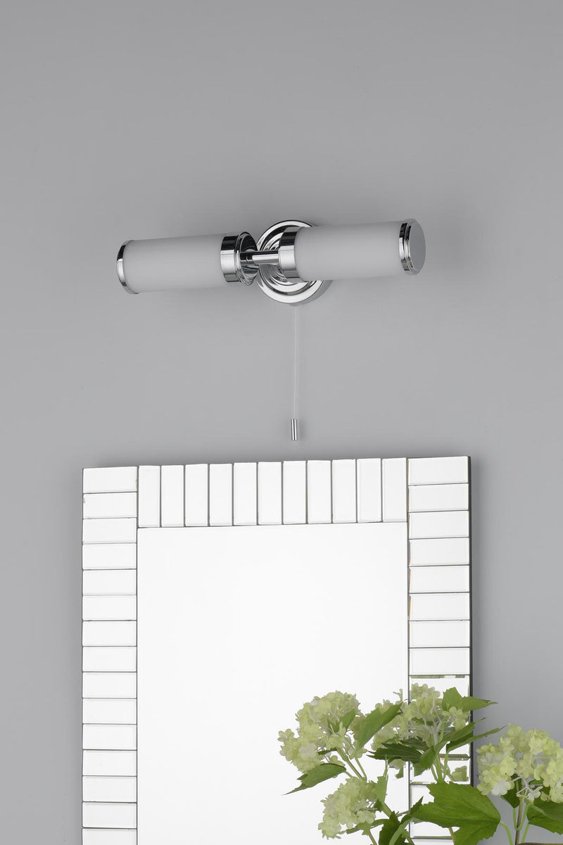 Dar Lighting Century Bathroom 2 Light Wall Light Polished Chrome Opal Glass IP44 • CEN0950