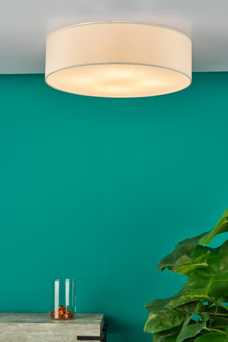 Ceiling light fixture on a teal wall with a plant and small table in the foreground