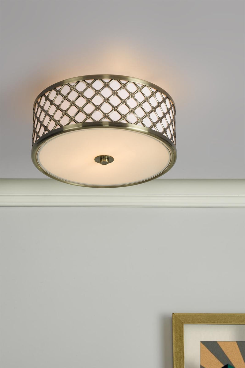 Dar Lighting Civic Small 2 Light Flush Antique Brass Frosted Glass • CIV5275