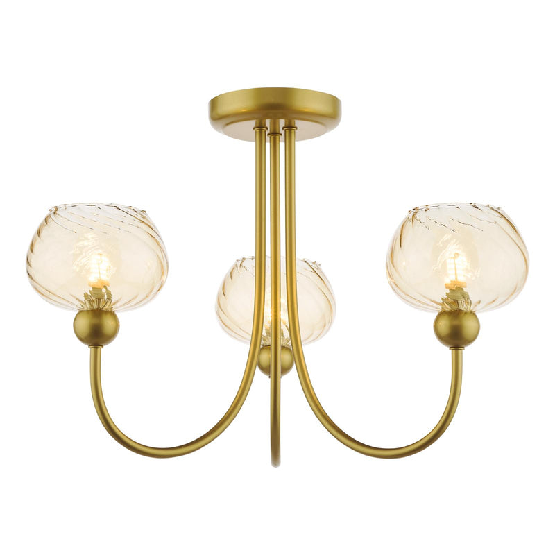 Dar Lighting Cognac 3 Light Semi-Flush Satin Gold and Champagne Ribbed Glass • COG0335