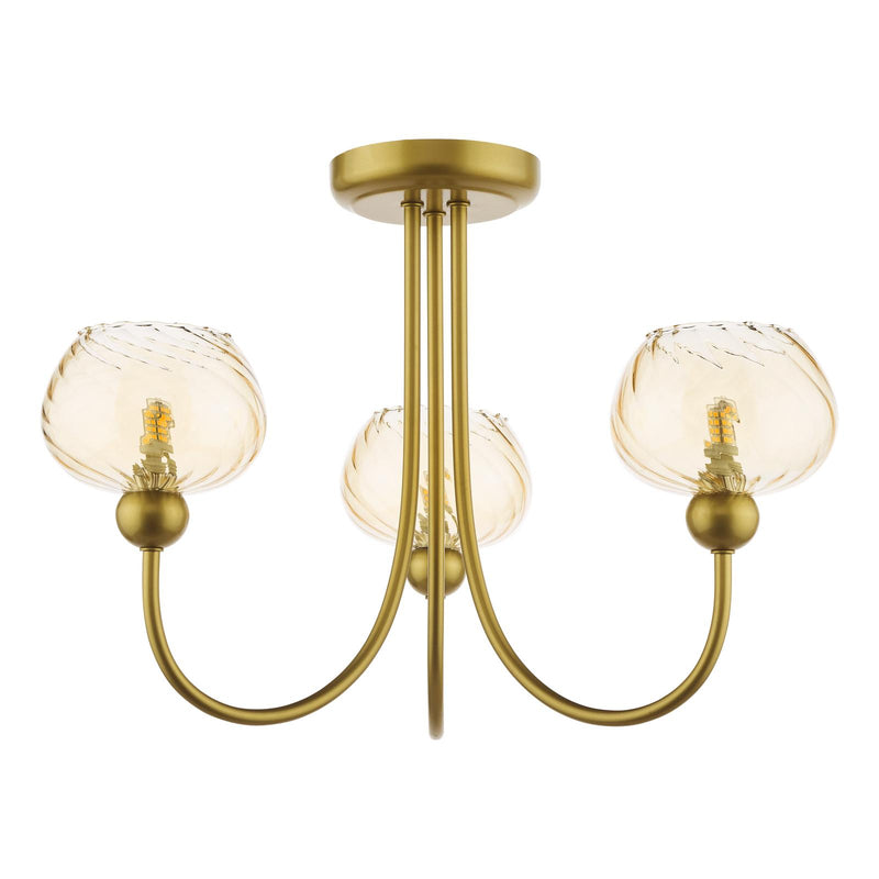 Dar Lighting Cognac 3 Light Semi-Flush Satin Gold and Champagne Ribbed Glass • COG0335