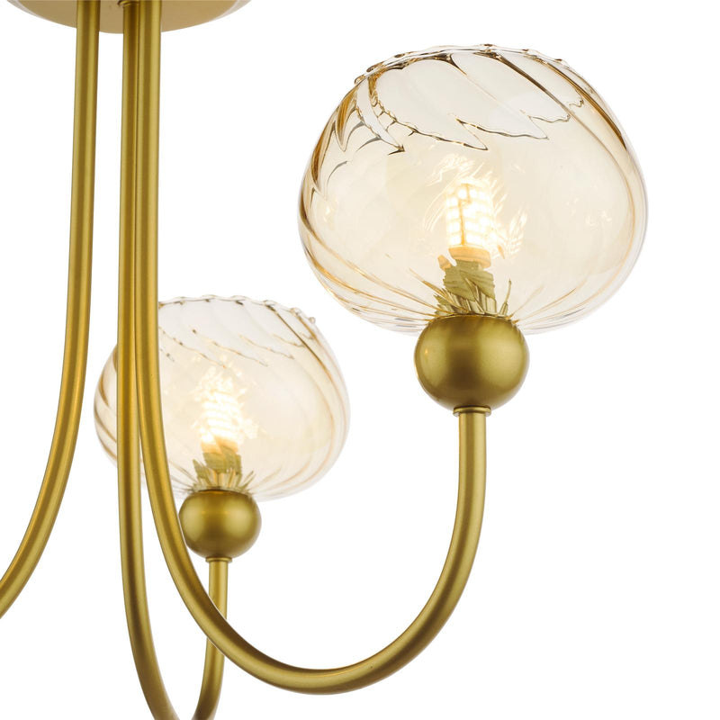 Dar Lighting Cognac 3 Light Semi-Flush Satin Gold and Champagne Ribbed Glass • COG0335