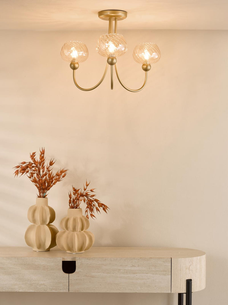 Dar Lighting Cognac 3 Light Semi-Flush Satin Gold and Champagne Ribbed Glass • COG0335