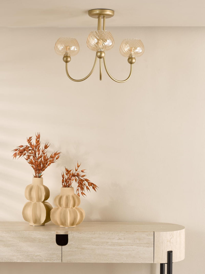 Dar Lighting Cognac 3 Light Semi-Flush Satin Gold and Champagne Ribbed Glass • COG0335