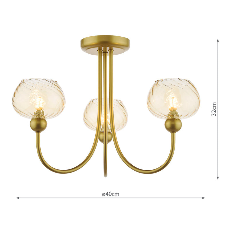 Dar Lighting Cognac 3 Light Semi-Flush Satin Gold and Champagne Ribbed Glass • COG0335
