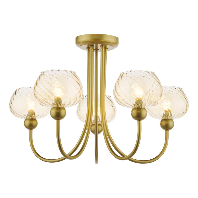 Dar Lighting Cognac 5 Light Semi-Flush Satin Gold and Champagne Ribbed Glass • COG0535