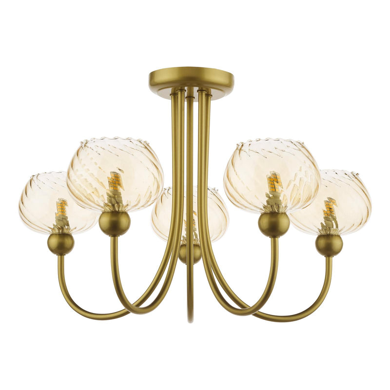 Dar Lighting Cognac 5 Light Semi-Flush Satin Gold and Champagne Ribbed Glass • COG0535